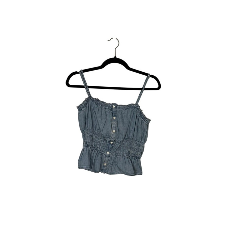 LOFT Chambray Smocked Button Front Cami Top Women's Medium Sleeveless Blue